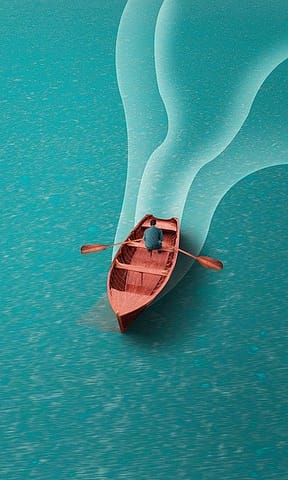 man using two paddles to row a boat alone in the sea.